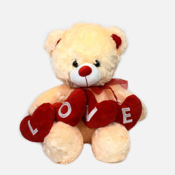 Μπεζ Λούτρινο Αρκουδάκι με διακοσμητικές καρδιές με μήνυμα "Love" ύψους 40cm.- Flowernet.gr
